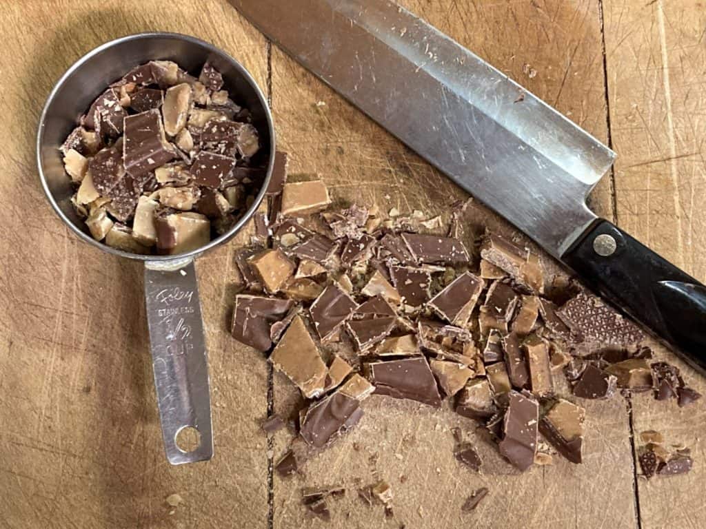 Chopped Heath bar with knife