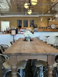 Long wooden table and chairs